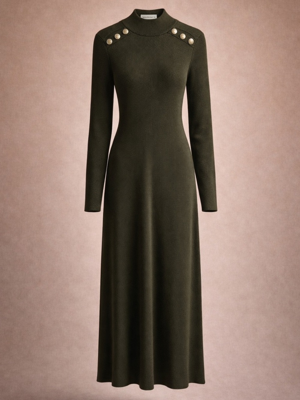 SEZANE Merino Knit Midi Dress Gold Button Mock Neck Stretch Paris Chic